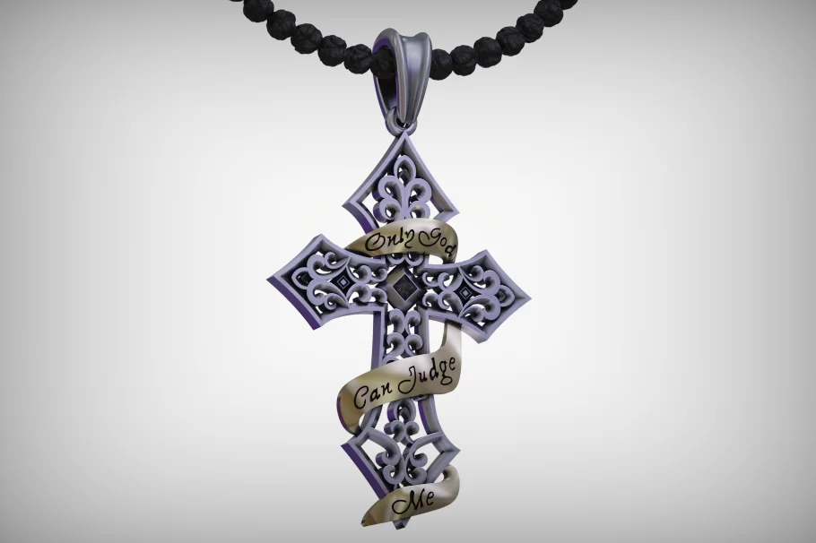 Inscribed Scroll Filigree Cross Pendant — view 2
