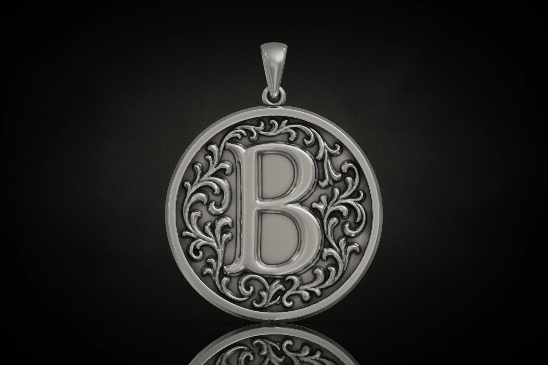 Classic Round Initial B Pendant with Acanthus Scrolls — view 2