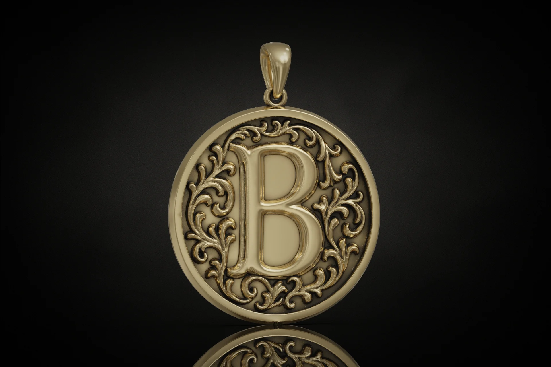Classic Round Initial B Pendant with Acanthus Scrolls
