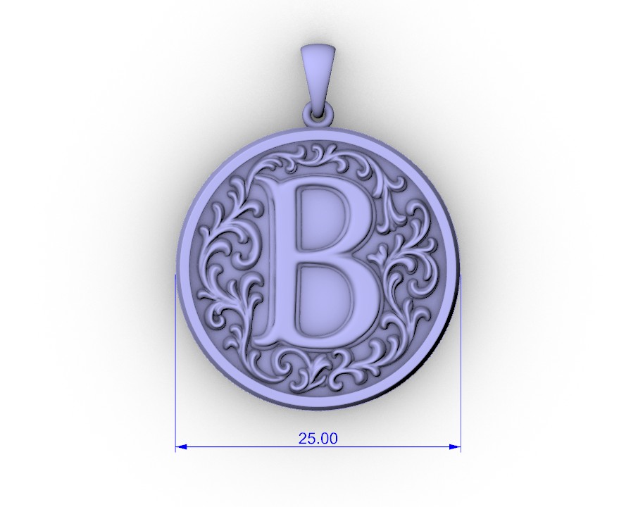 Classic Round Initial B Pendant with Acanthus Scrolls — view 6