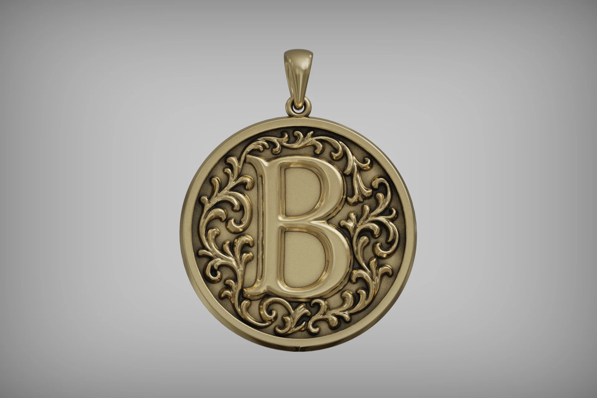 Classic Round Initial B Pendant with Acanthus Scrolls — view 3