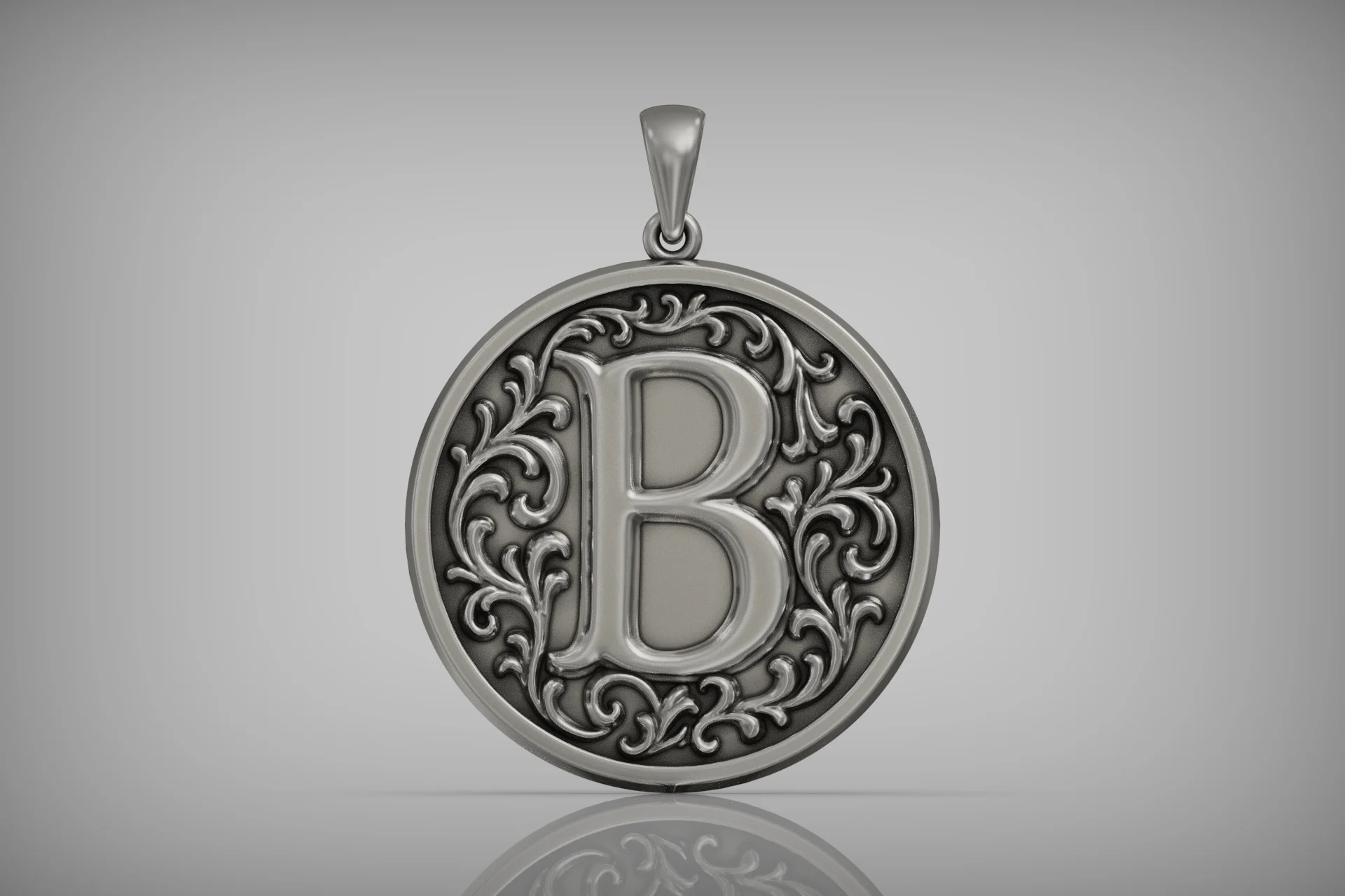 Classic Round Initial B Pendant with Acanthus Scrolls — view 4
