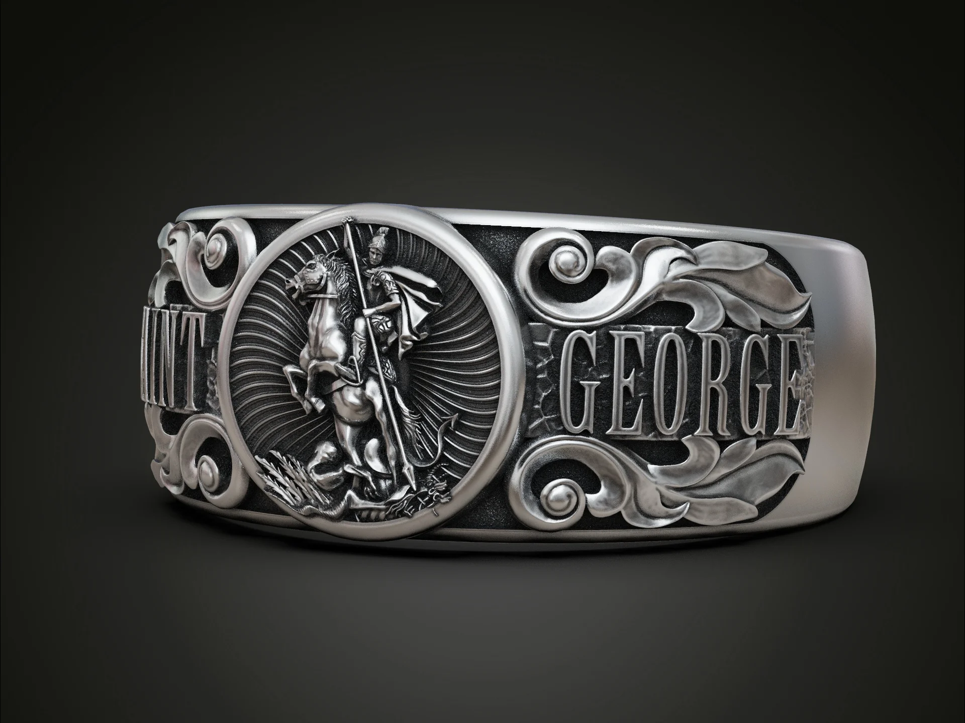 Wide Band Saint George Relief Signet Ring — view 4