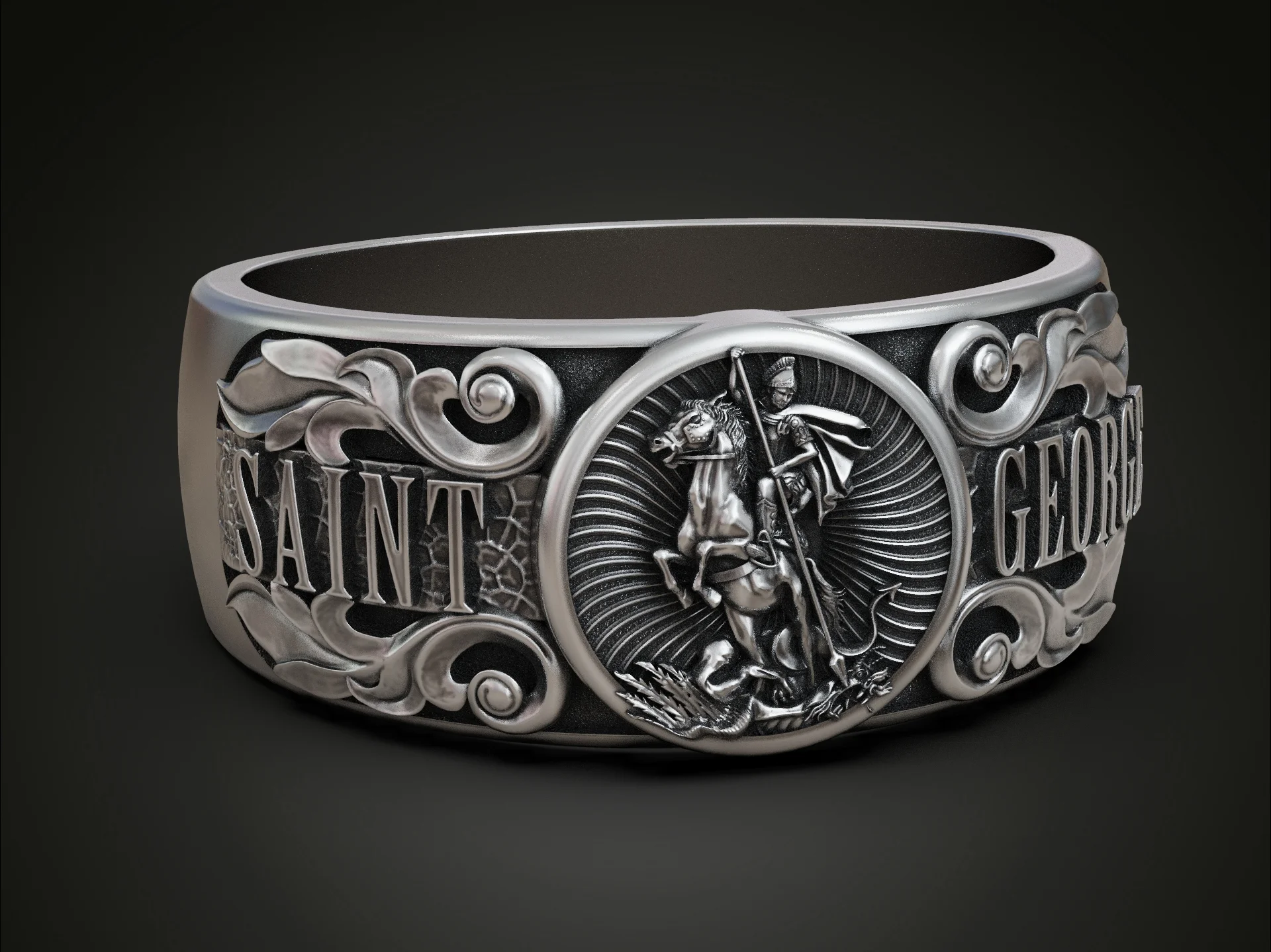 Wide Band Saint George Relief Signet Ring — view 3