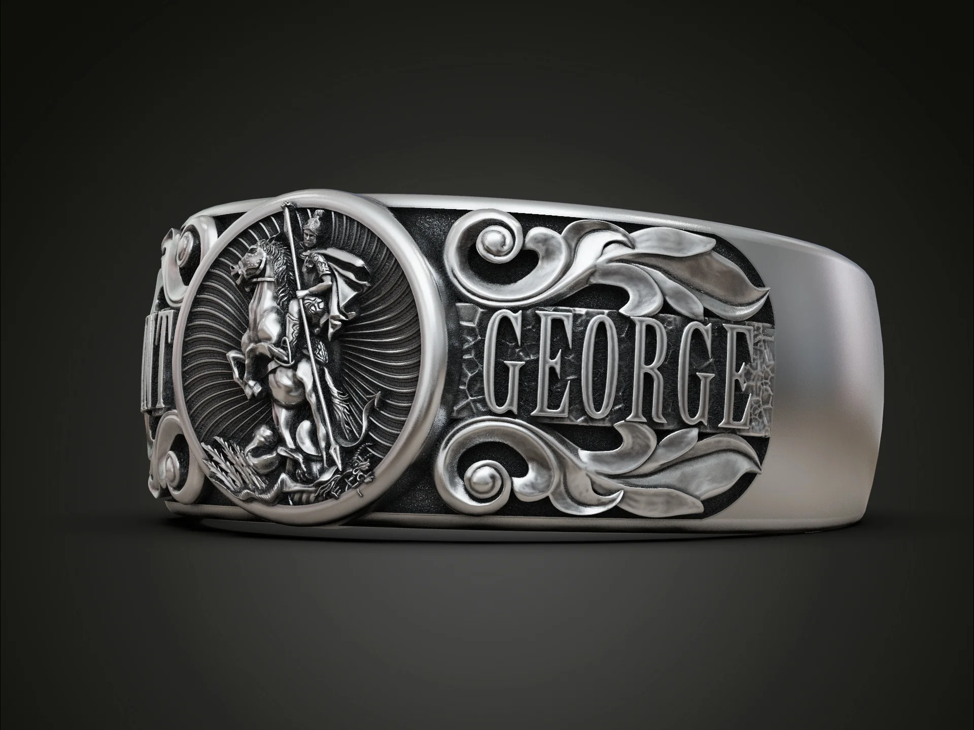 Wide Band Saint George Relief Signet Ring