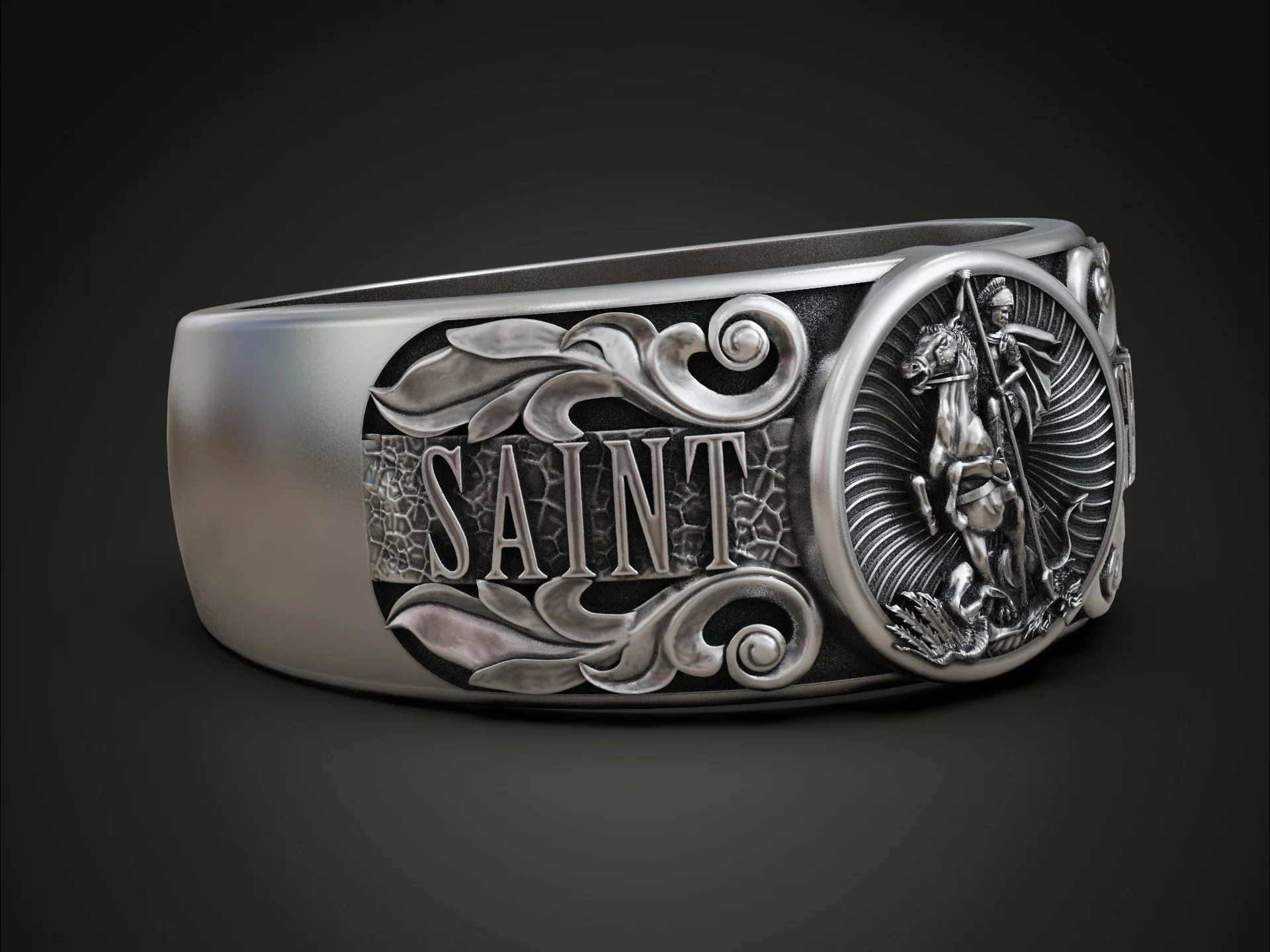 Wide Band Saint George Relief Signet Ring — view 2
