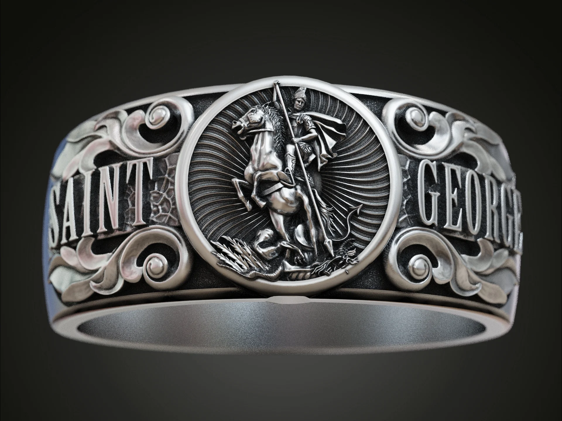 Wide Band Saint George Relief Signet Ring — view 5