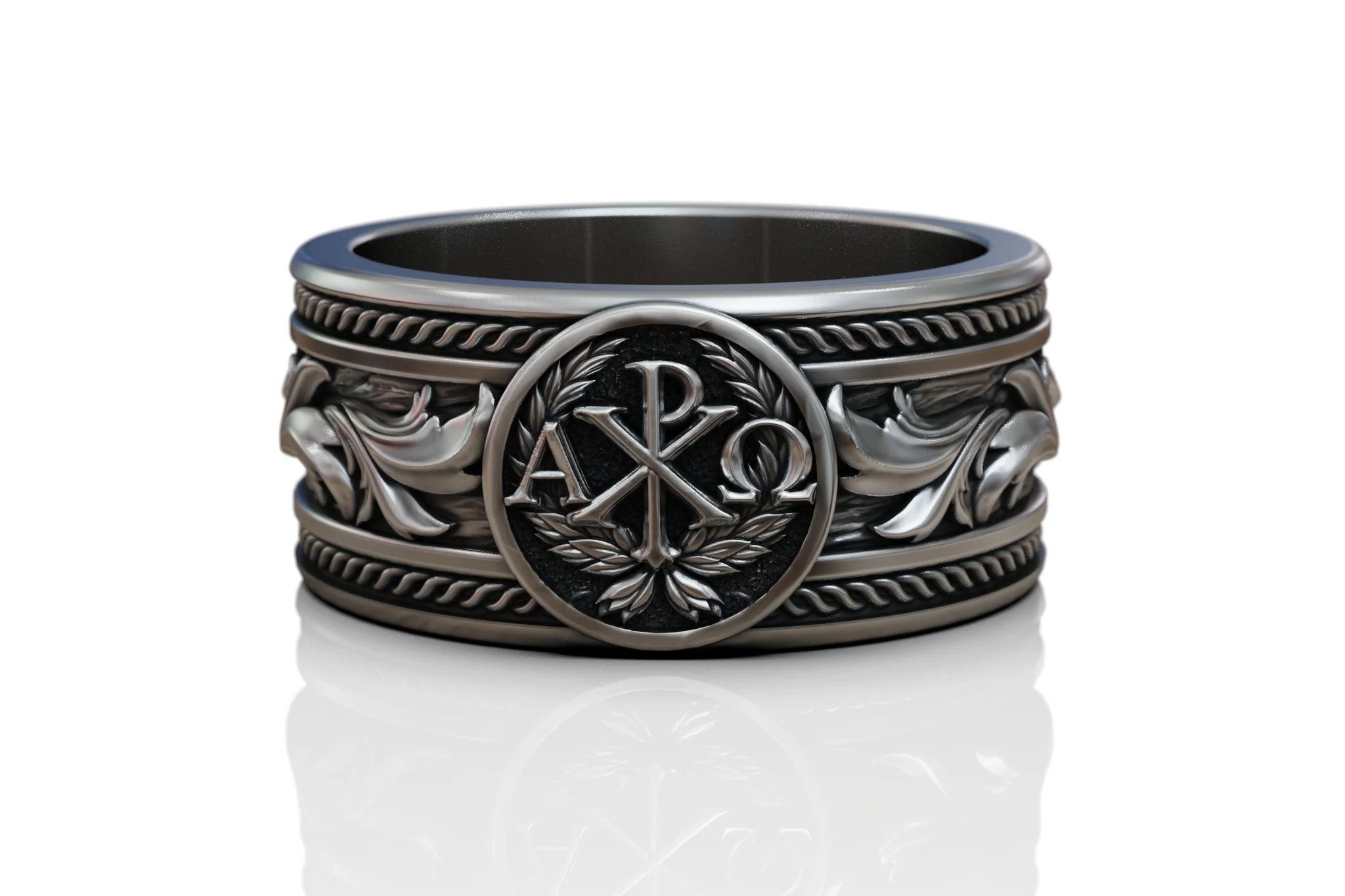 Ornate Chi-Rho Christian Band Ring — view 6