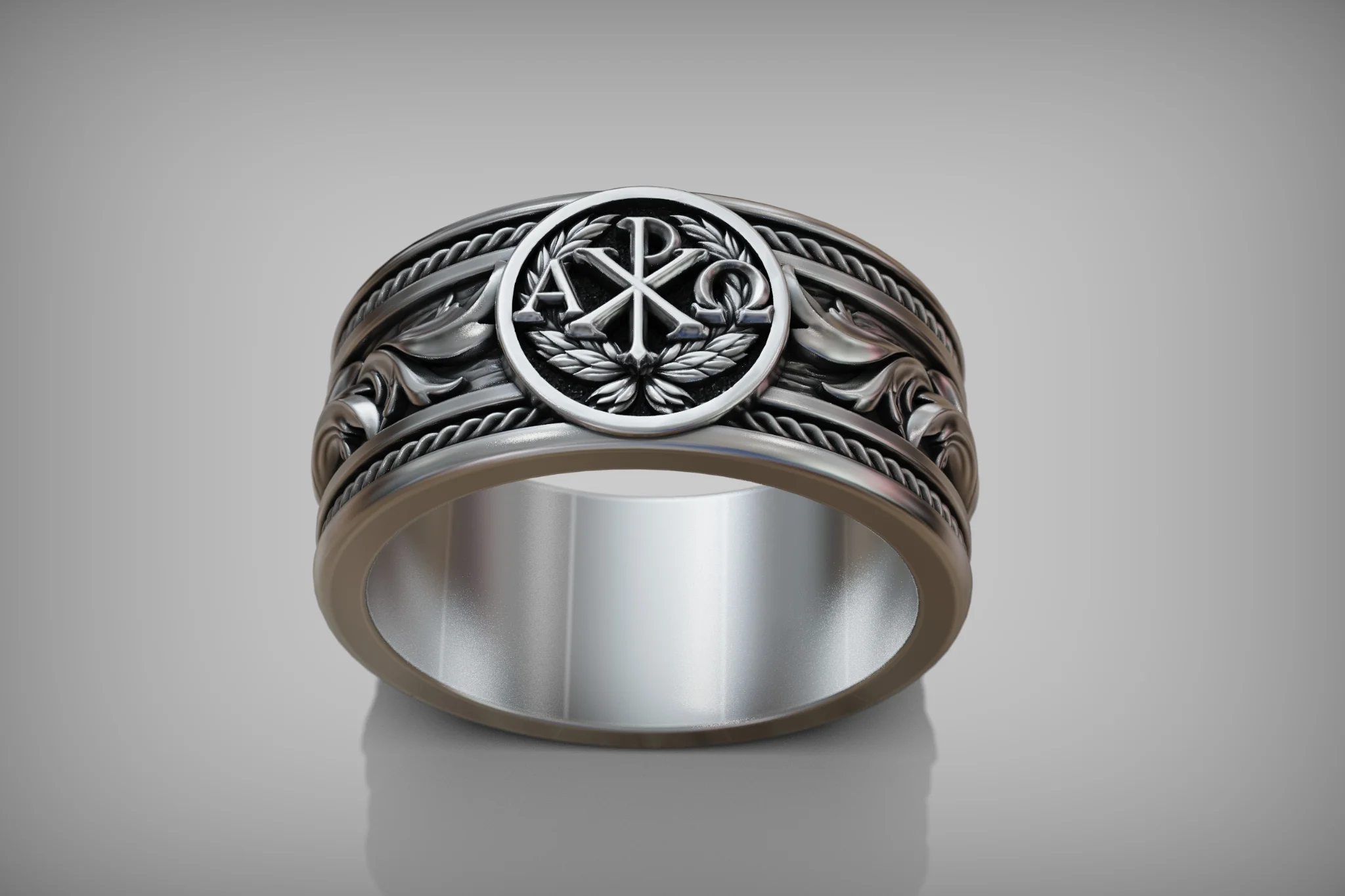 Ornate Chi-Rho Christian Band Ring — view 8
