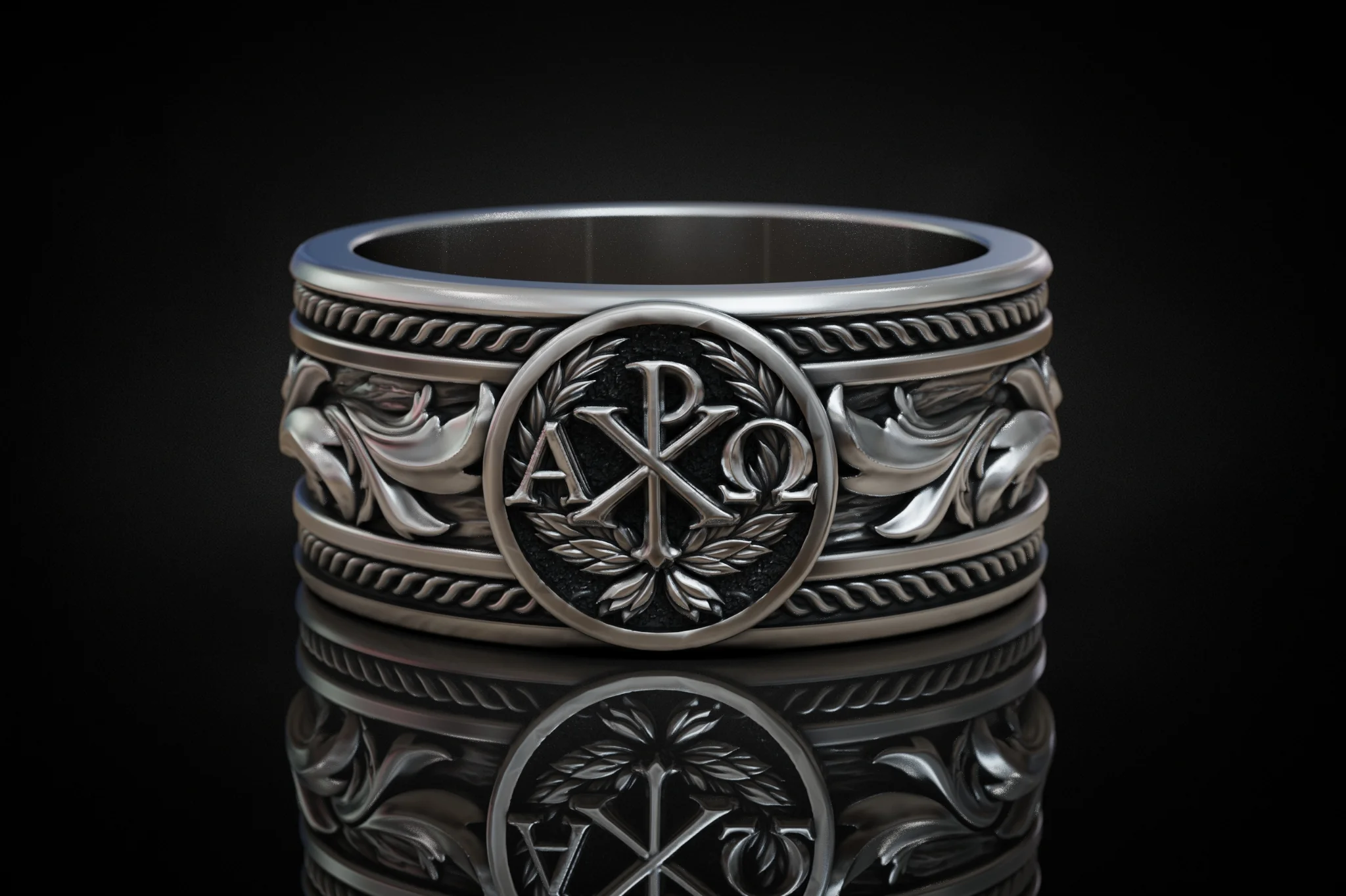 Ornate Chi-Rho Christian Band Ring — view 2