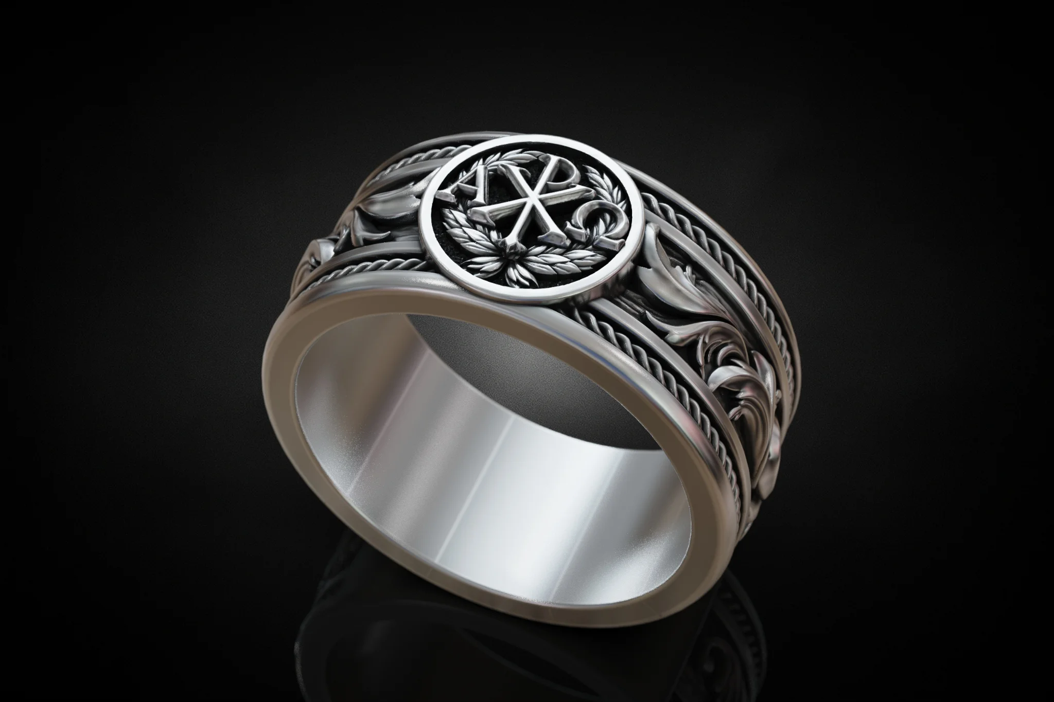 Ornate Chi-Rho Christian Band Ring — view 3