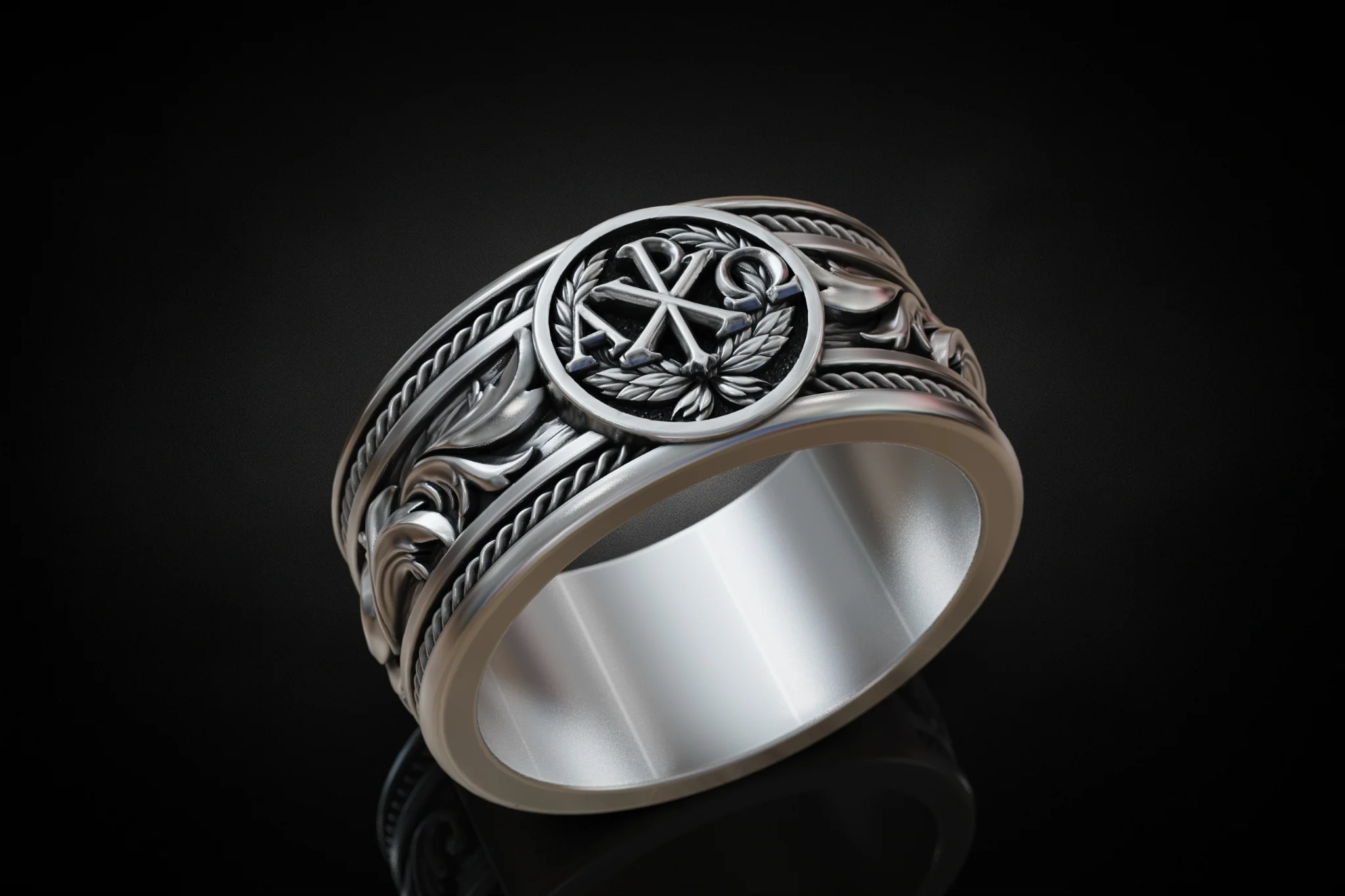 Ornate Chi-Rho Christian Band Ring