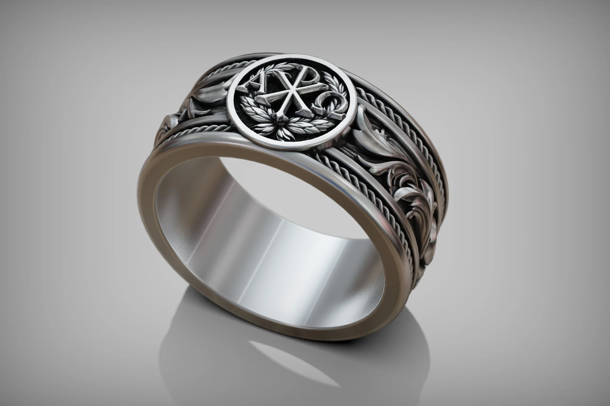 Ornate Chi-Rho Christian Band Ring — view 7
