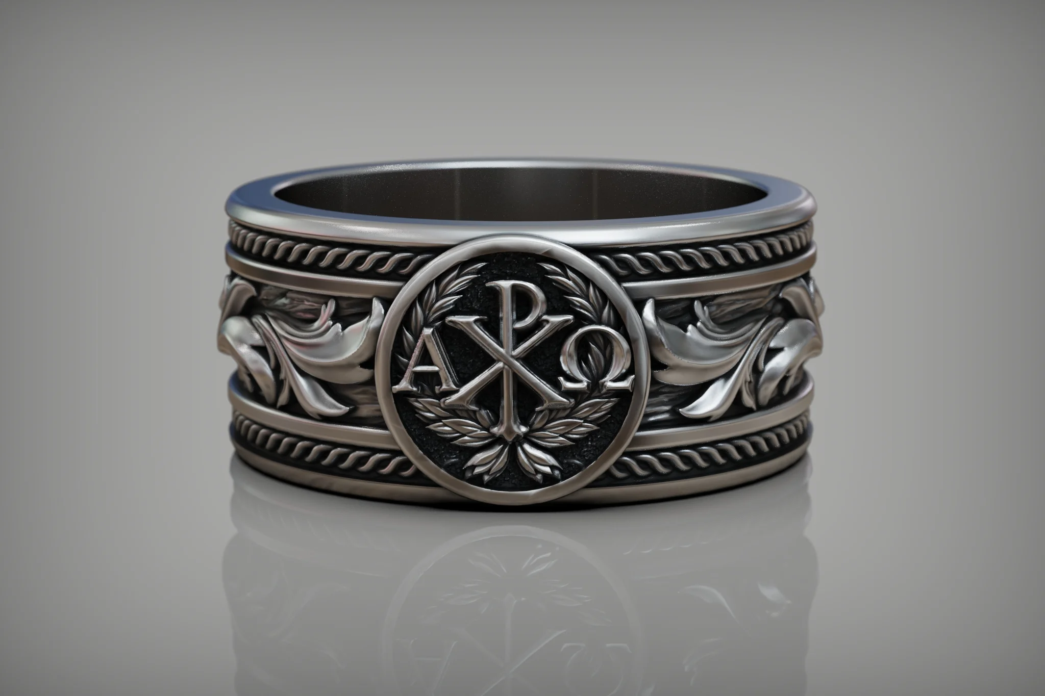 Ornate Chi-Rho Christian Band Ring — view 4