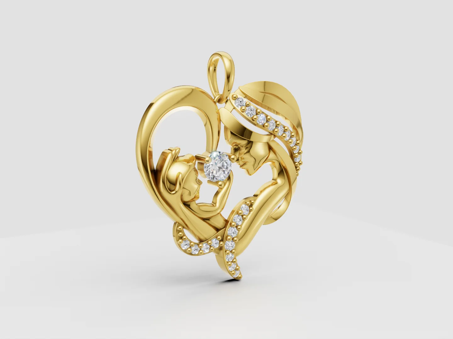Mother and Child Heart Pendant 3D Model — view 3