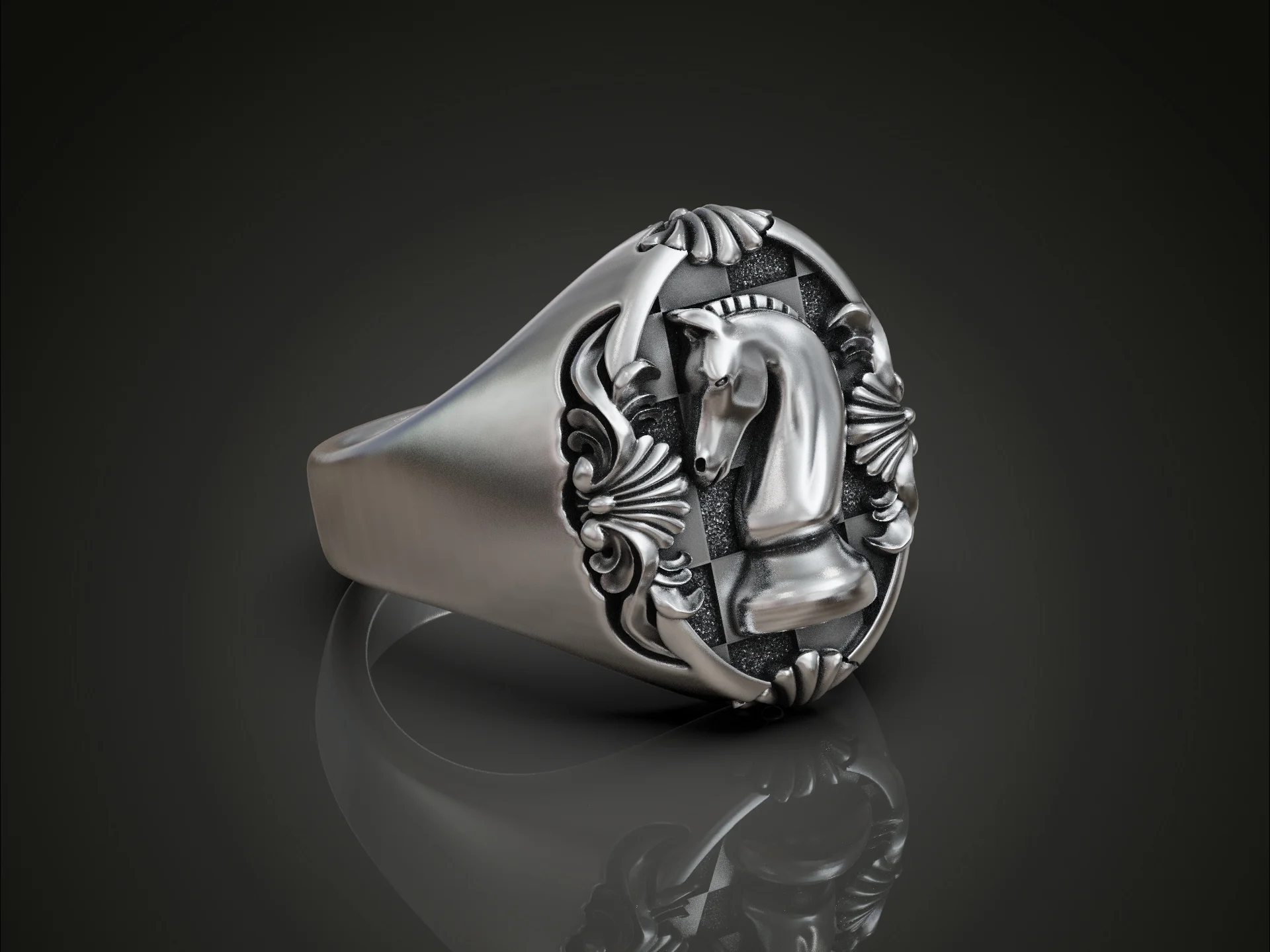 Chess Knight Checkerboard Signet Ring — view 2