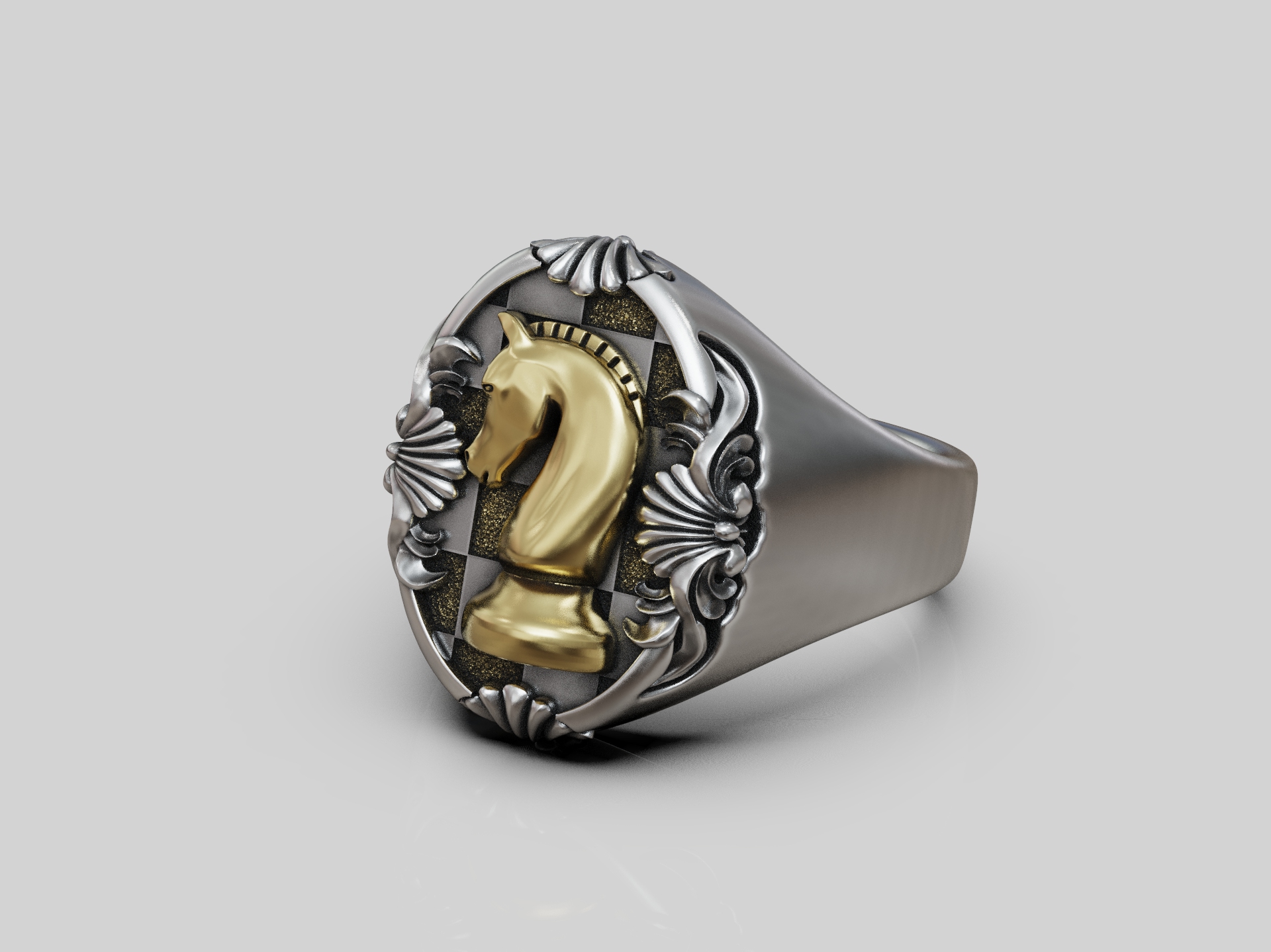 Chess Knight Checkerboard Signet Ring — view 6