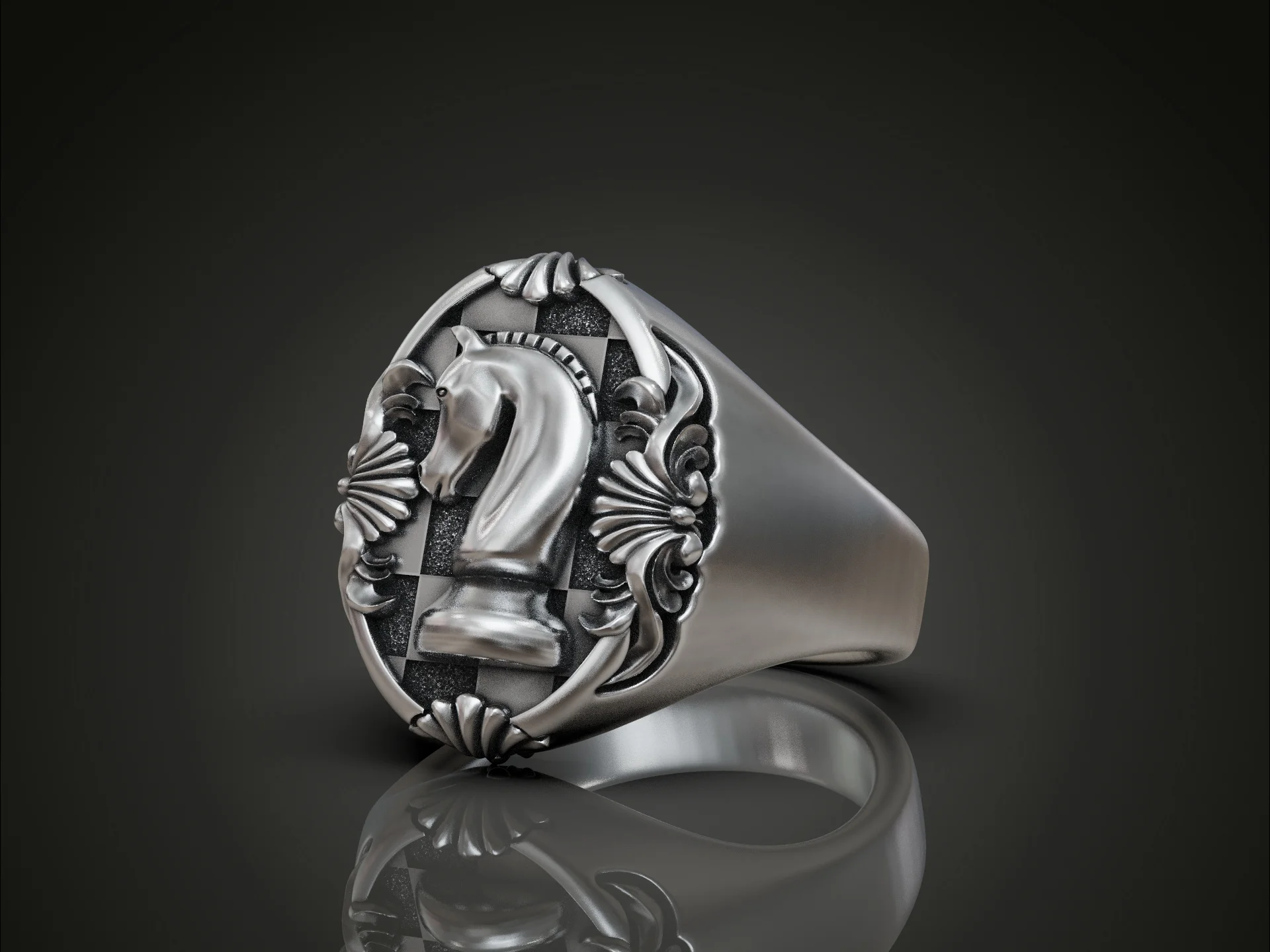 Chess Knight Checkerboard Signet Ring — view 3