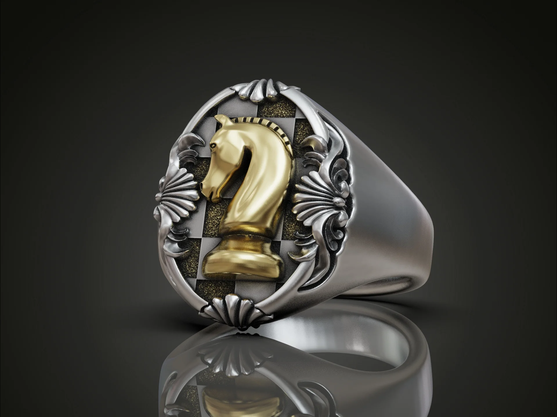 Chess Knight Checkerboard Signet Ring