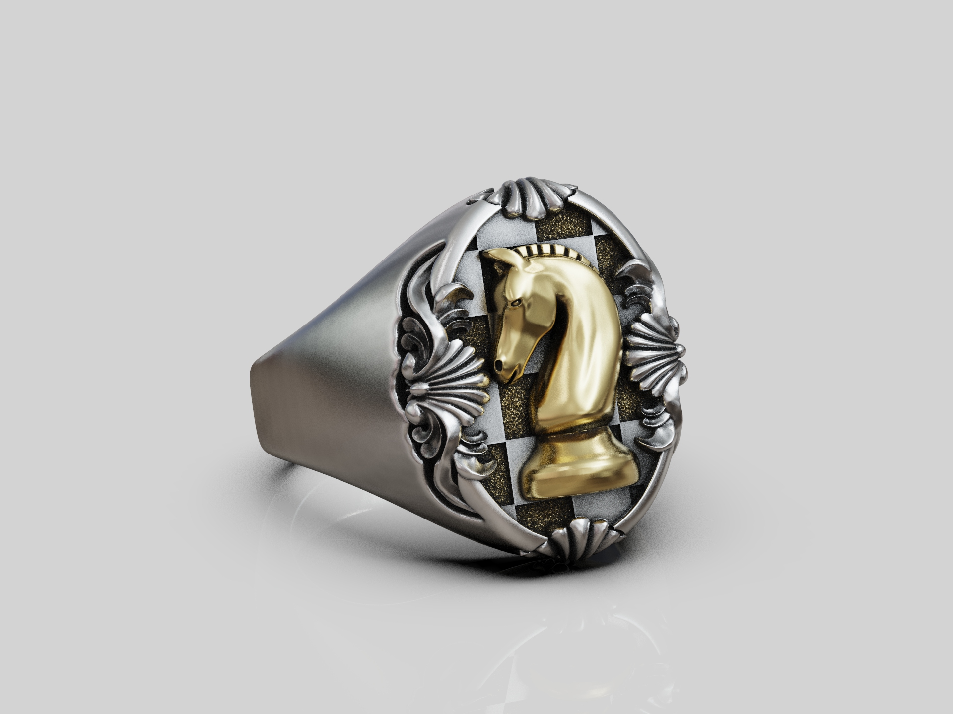 Chess Knight Checkerboard Signet Ring — view 5