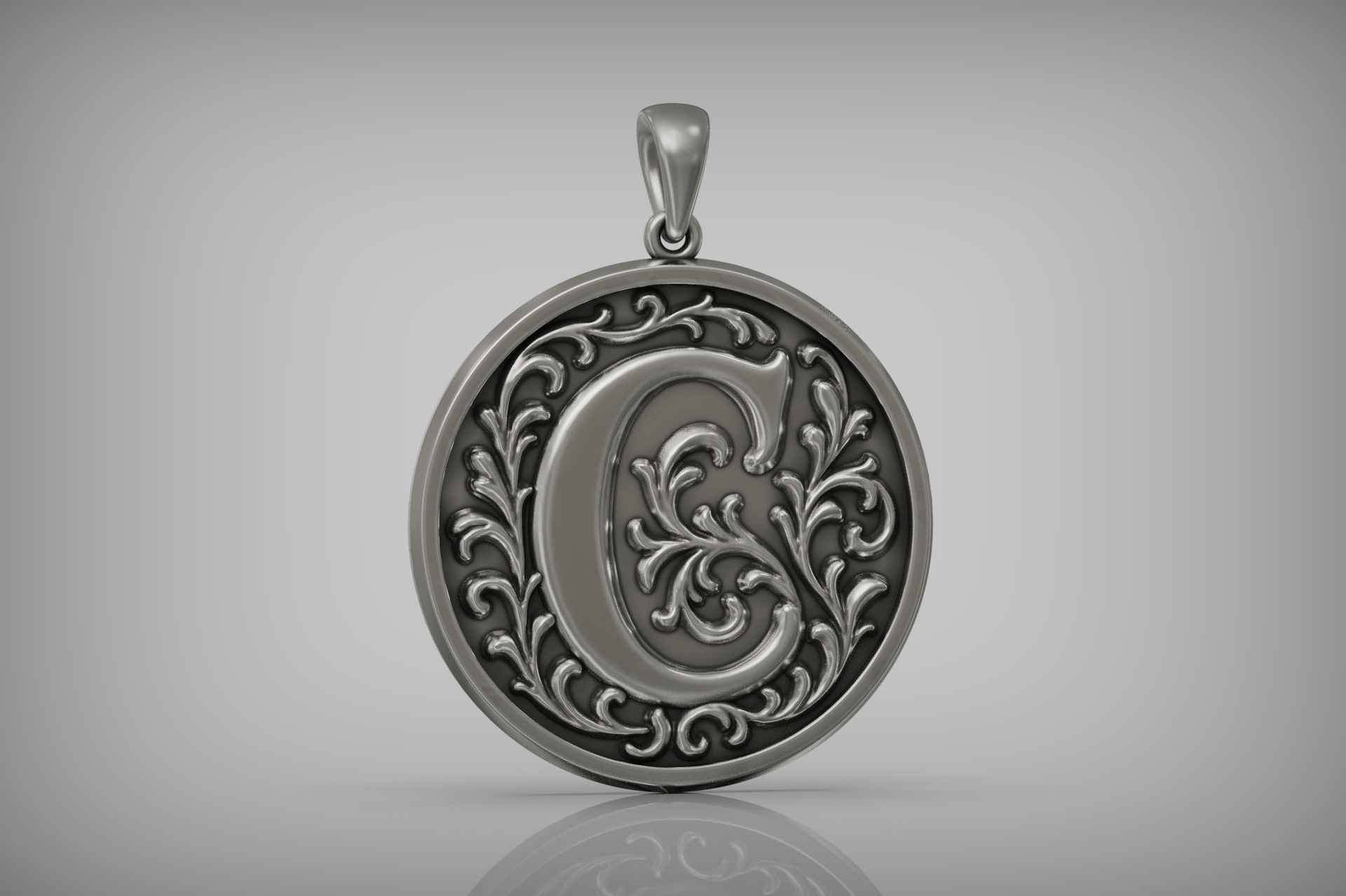 Acanthus Scroll Initial C Round Pendant — view 3