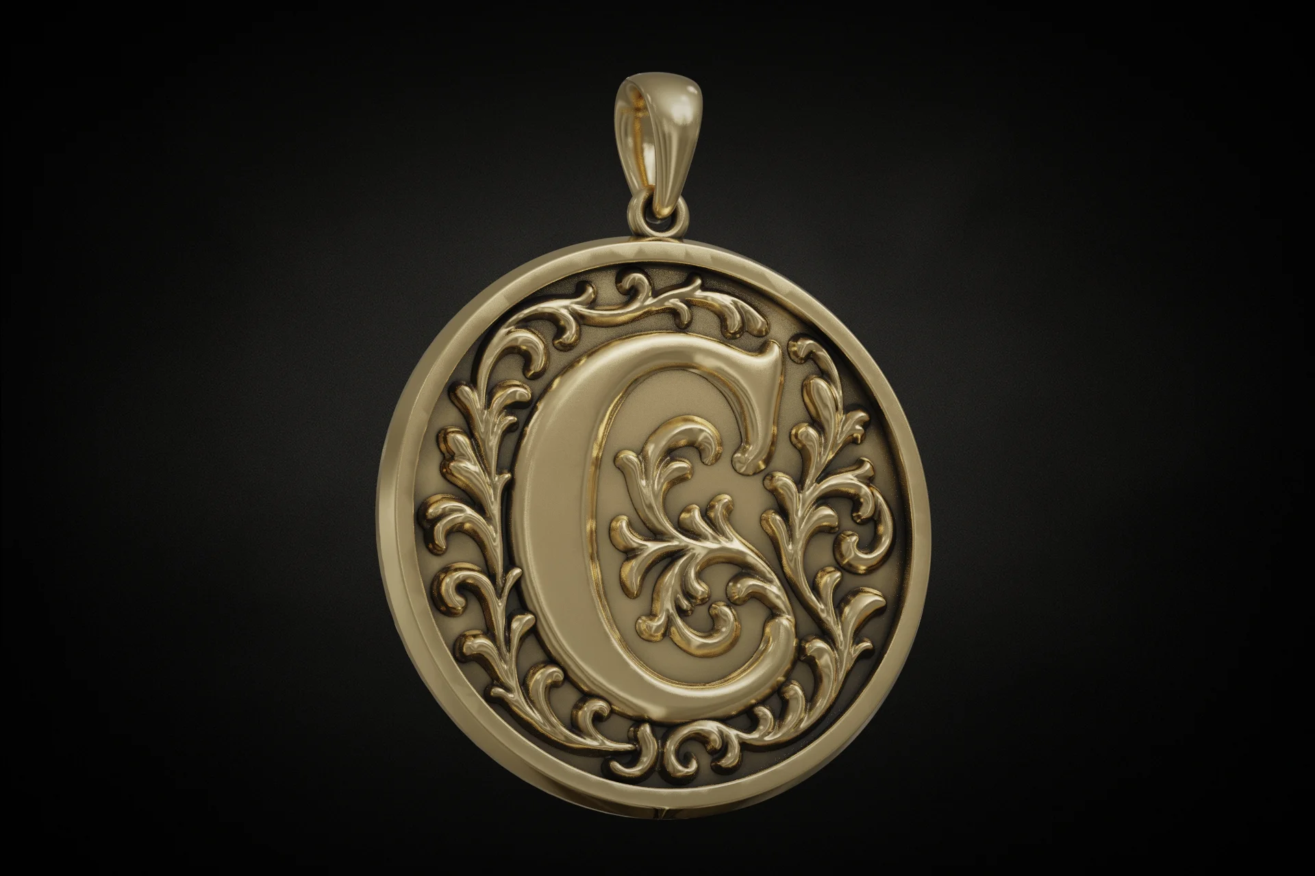 Acanthus Scroll Initial C Round Pendant — view 2