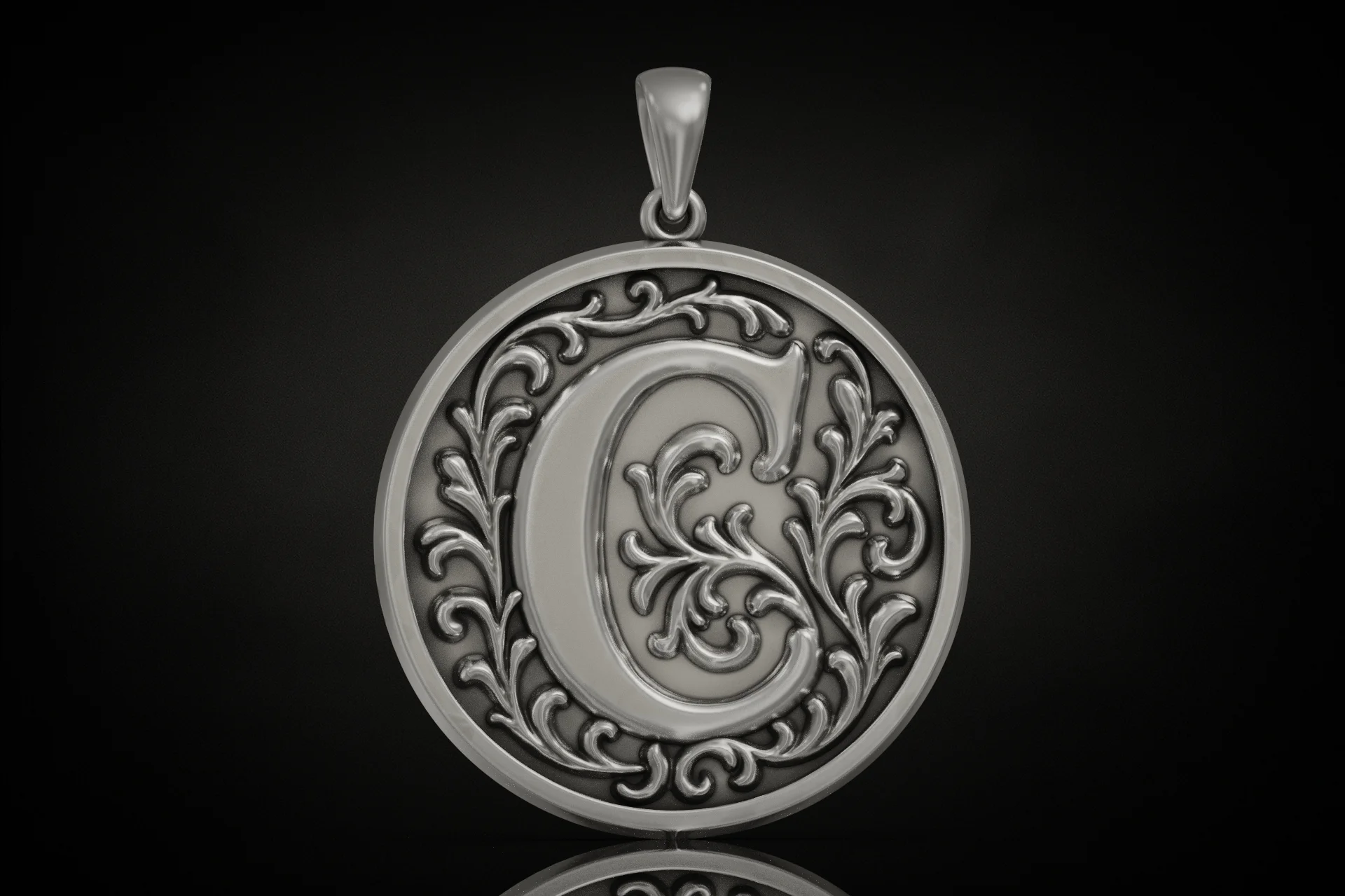 Acanthus Scroll Initial C Round Pendant
