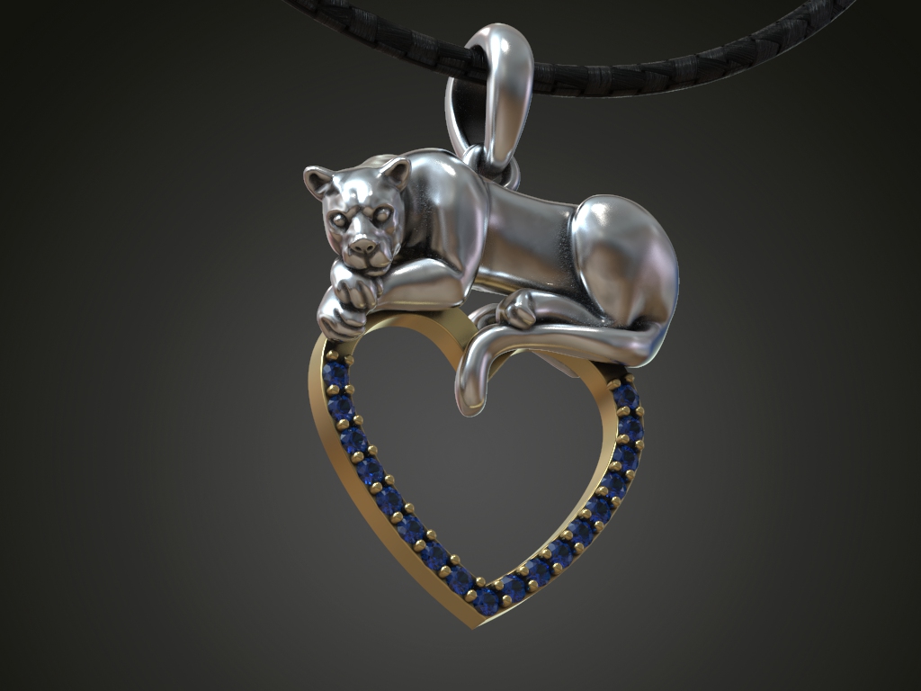 Sculptural Panther and Gem-Set Heart Pendant — view 8