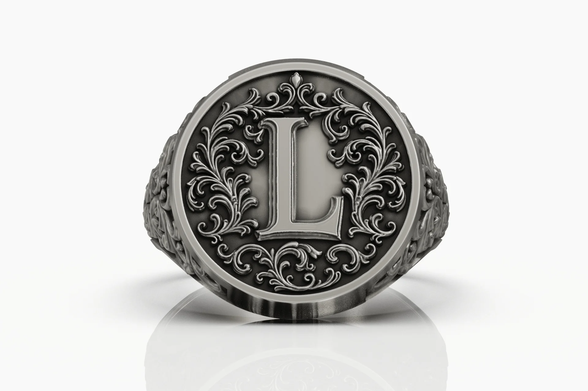 Baroque Acanthus Scroll Initial L Signet Ring — view 4
