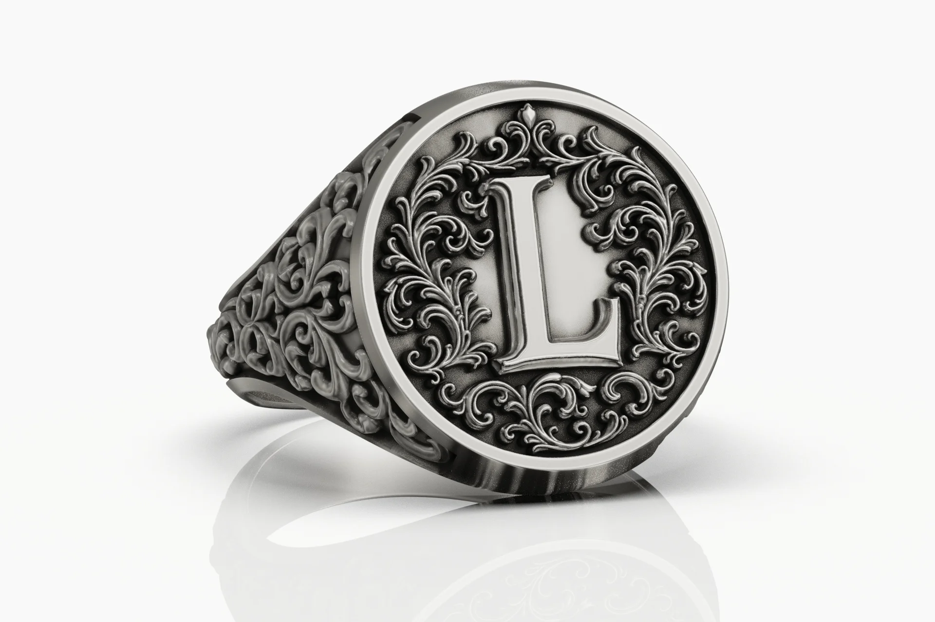 Baroque Acanthus Scroll Initial L Signet Ring — view 5