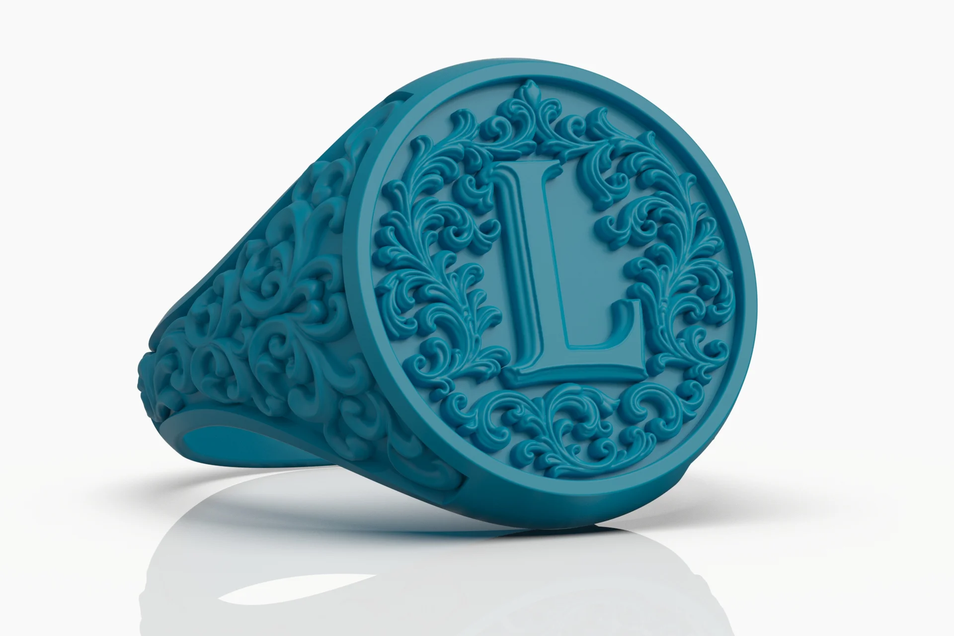 Baroque Acanthus Scroll Initial L Signet Ring — view 8