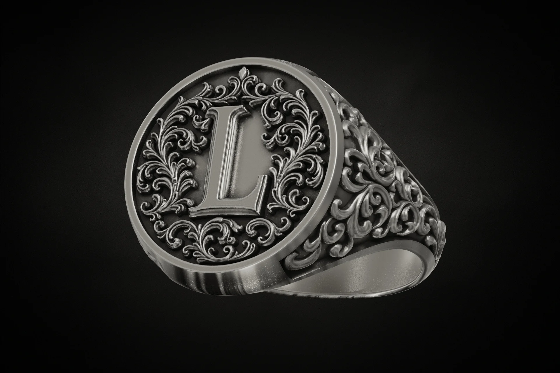 Baroque Acanthus Scroll Initial L Signet Ring — view 2