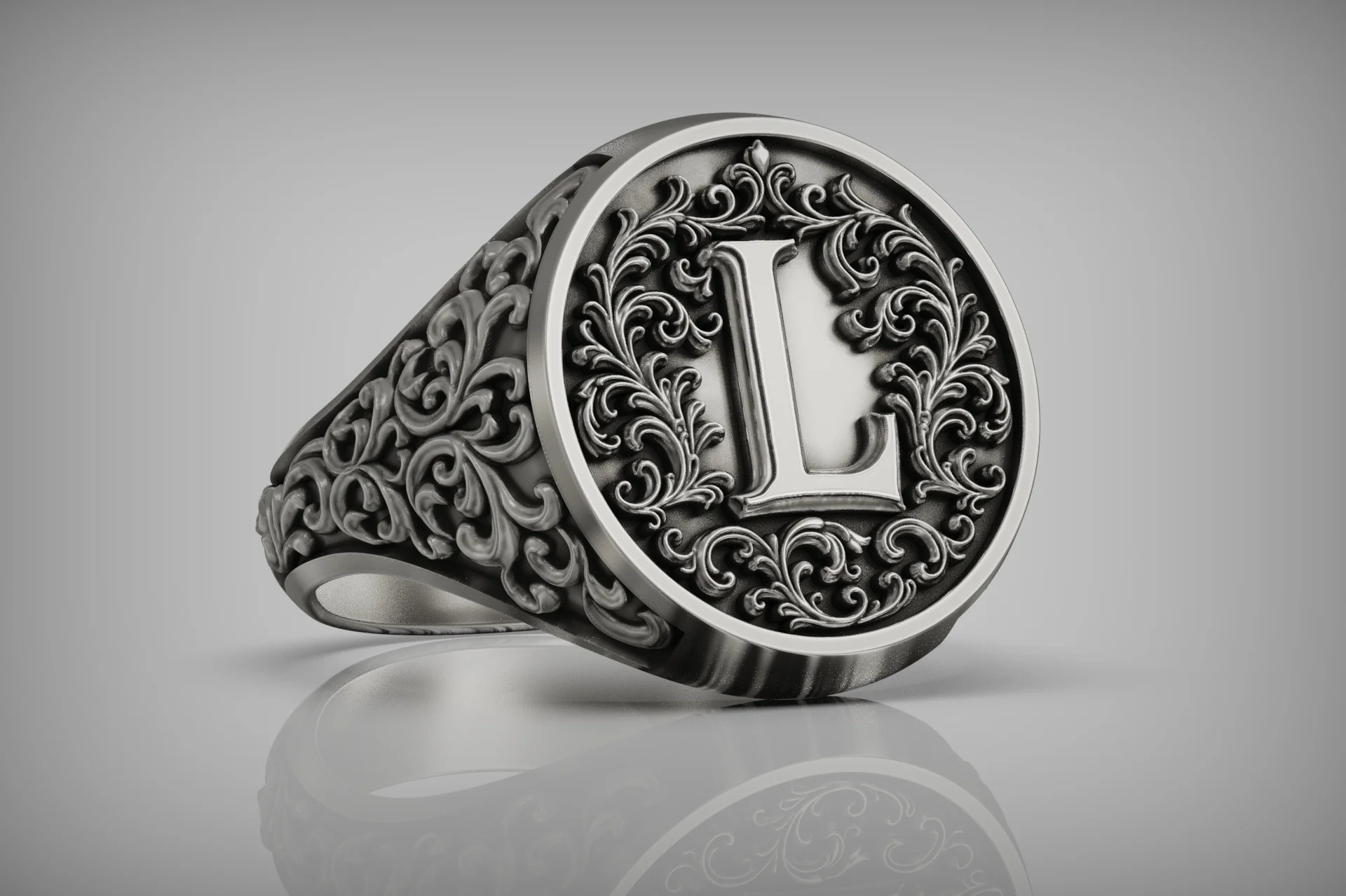 Baroque Acanthus Scroll Initial L Signet Ring — view 6