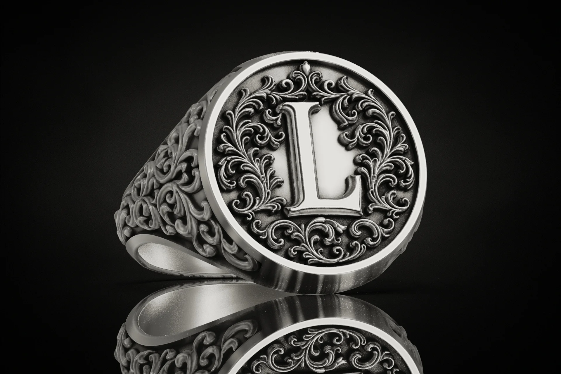 Baroque Acanthus Scroll Initial L Signet Ring