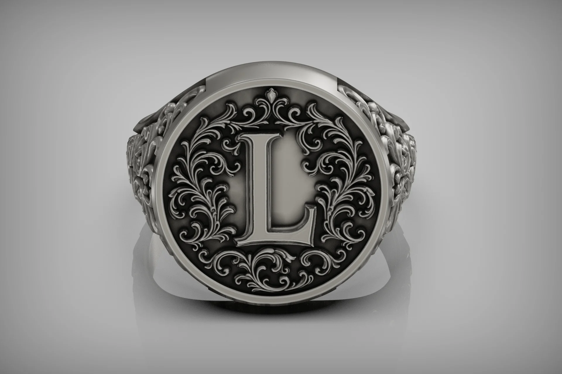 Baroque Acanthus Scroll Initial L Signet Ring — view 7