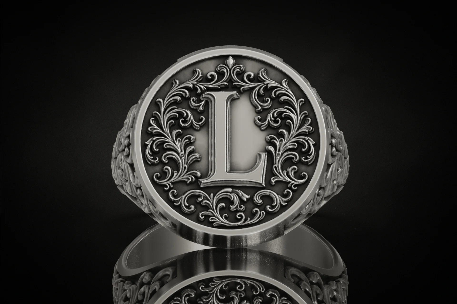 Baroque Acanthus Scroll Initial L Signet Ring — view 3