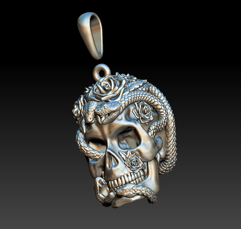 Gothic Serpent and Roses Skull Pendant — view 5