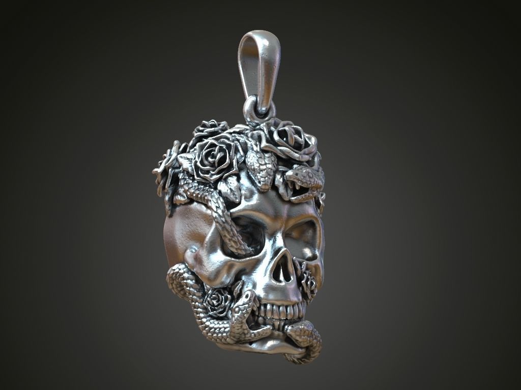 Gothic Serpent and Roses Skull Pendant — view 2