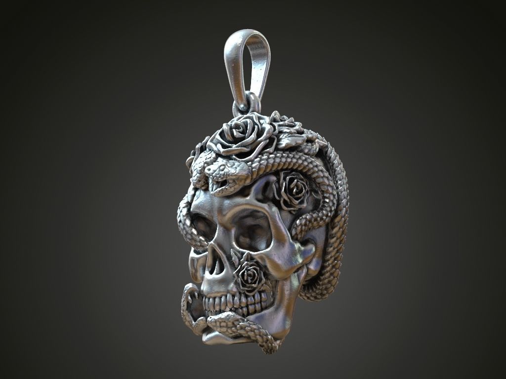 Gothic Serpent and Roses Skull Pendant