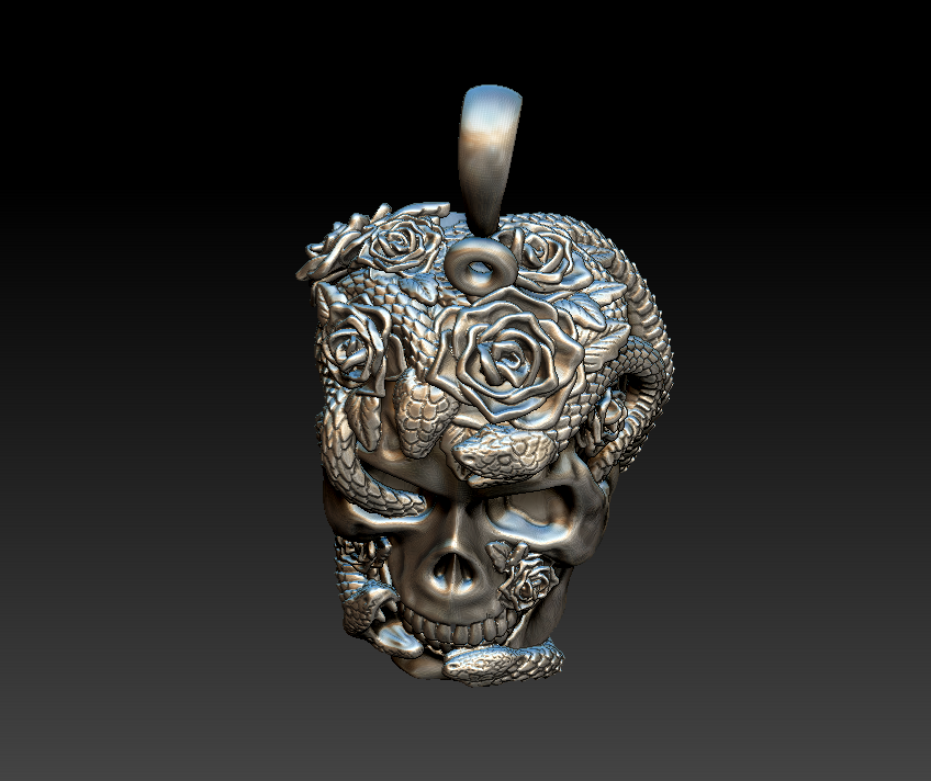 Gothic Serpent and Roses Skull Pendant — view 6