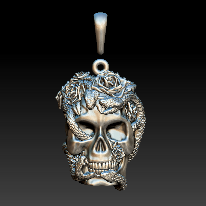 Gothic Serpent and Roses Skull Pendant — view 3