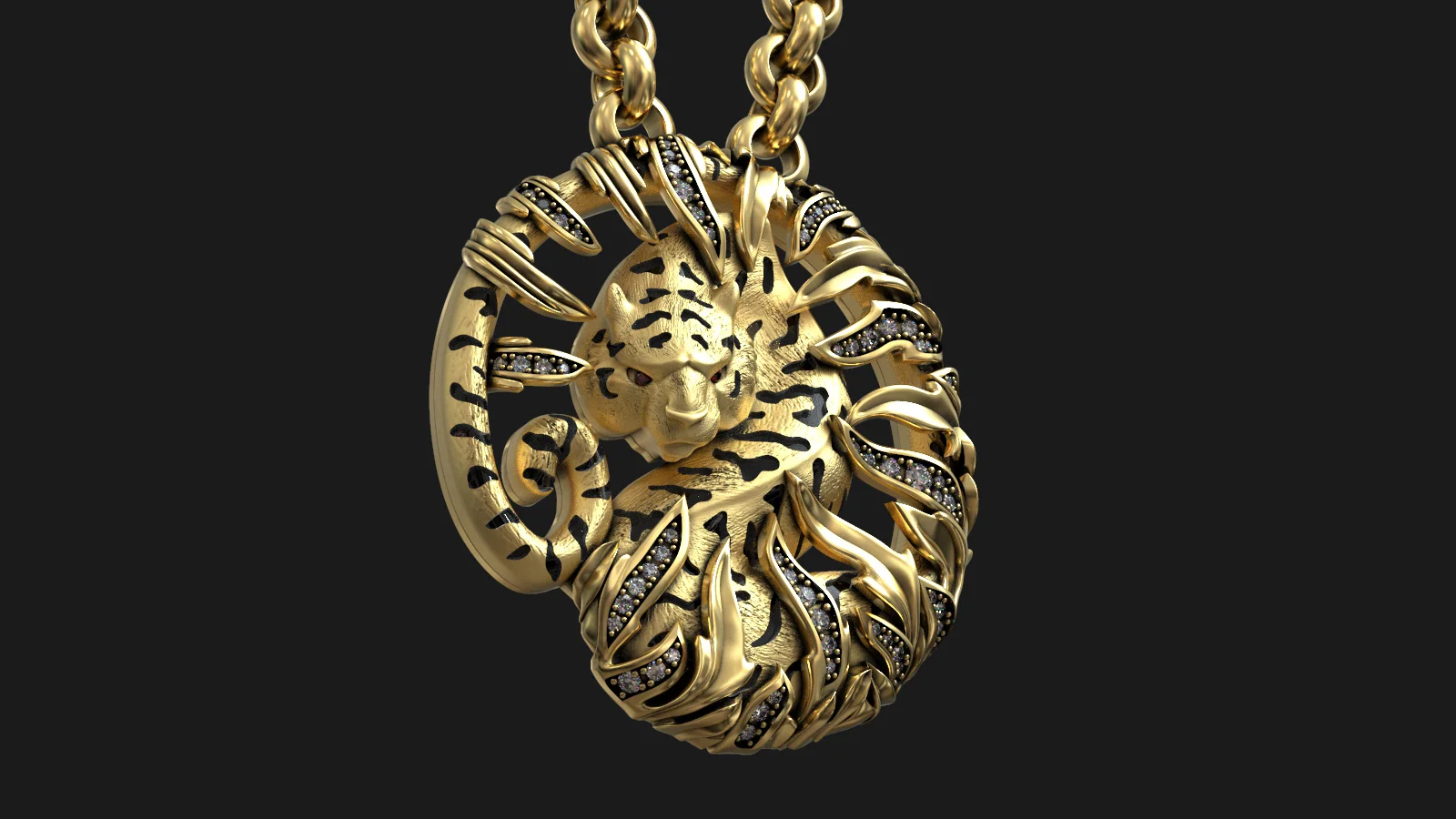 Tiger and Bamboo Gemstone Pendant 3D Model — view 2
