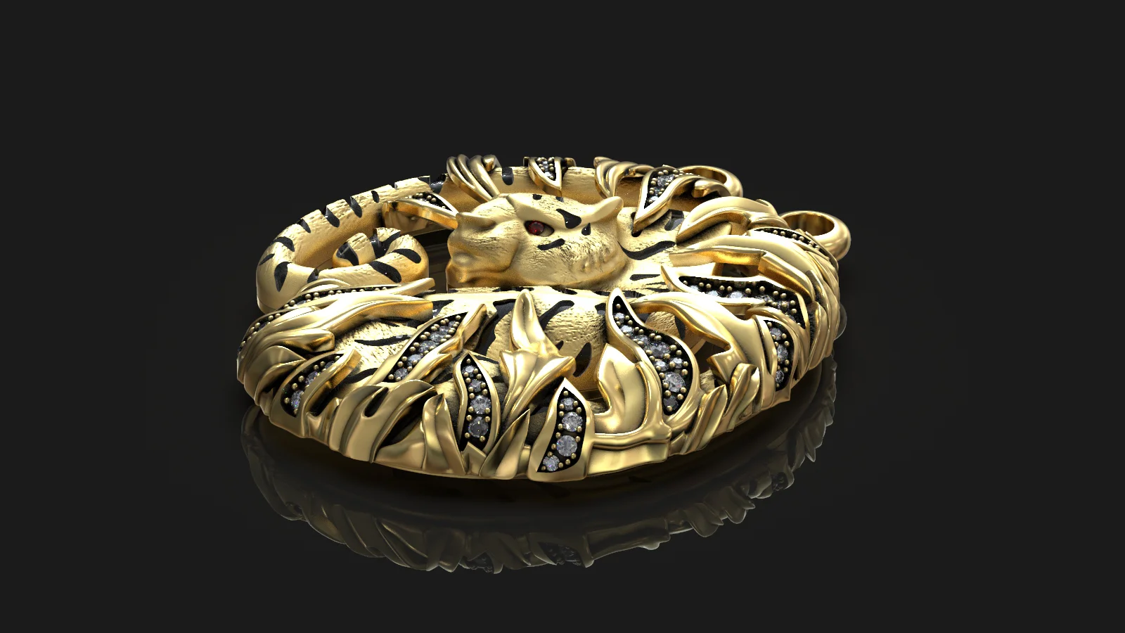 Tiger and Bamboo Gemstone Pendant 3D Model — view 4