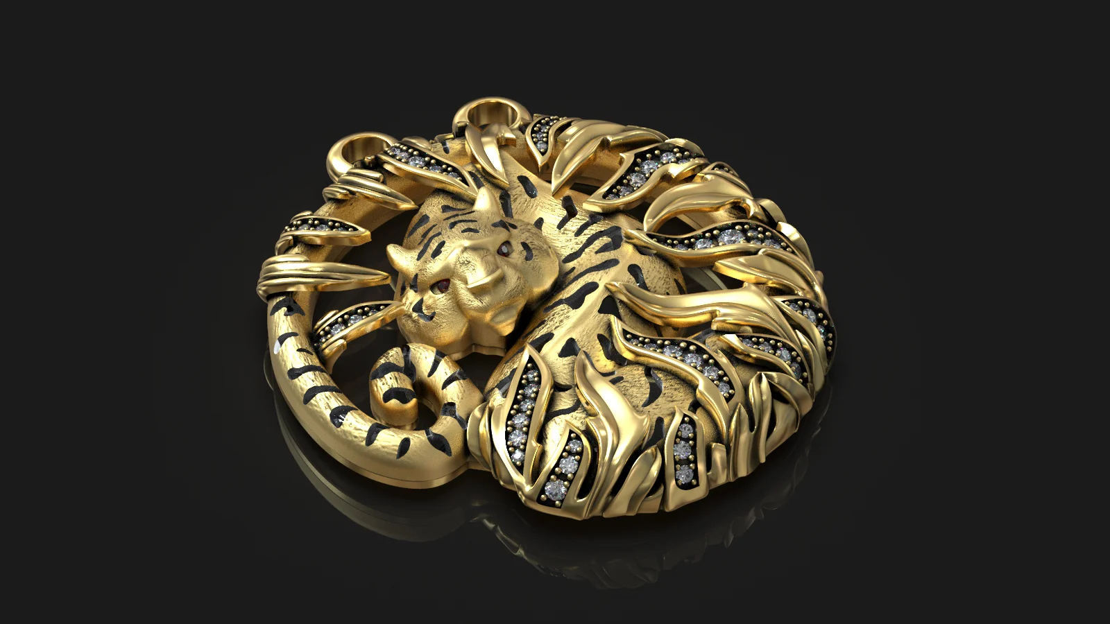 Tiger and Bamboo Gemstone Pendant 3D Model — view 3