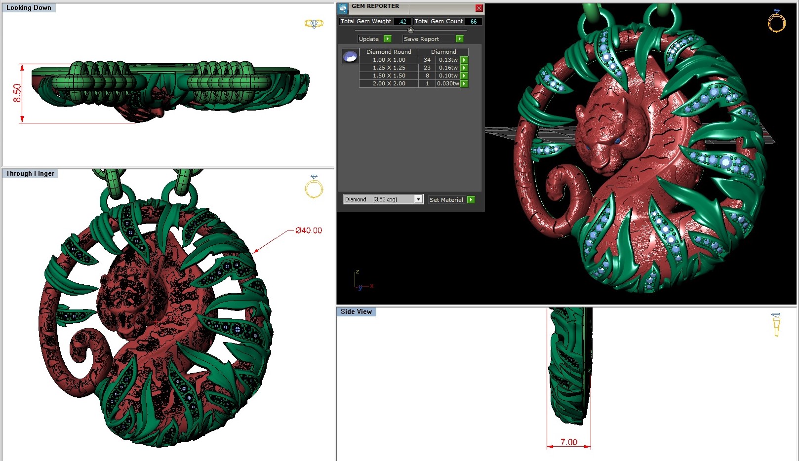 Tiger and Bamboo Gemstone Pendant 3D Model — view 7