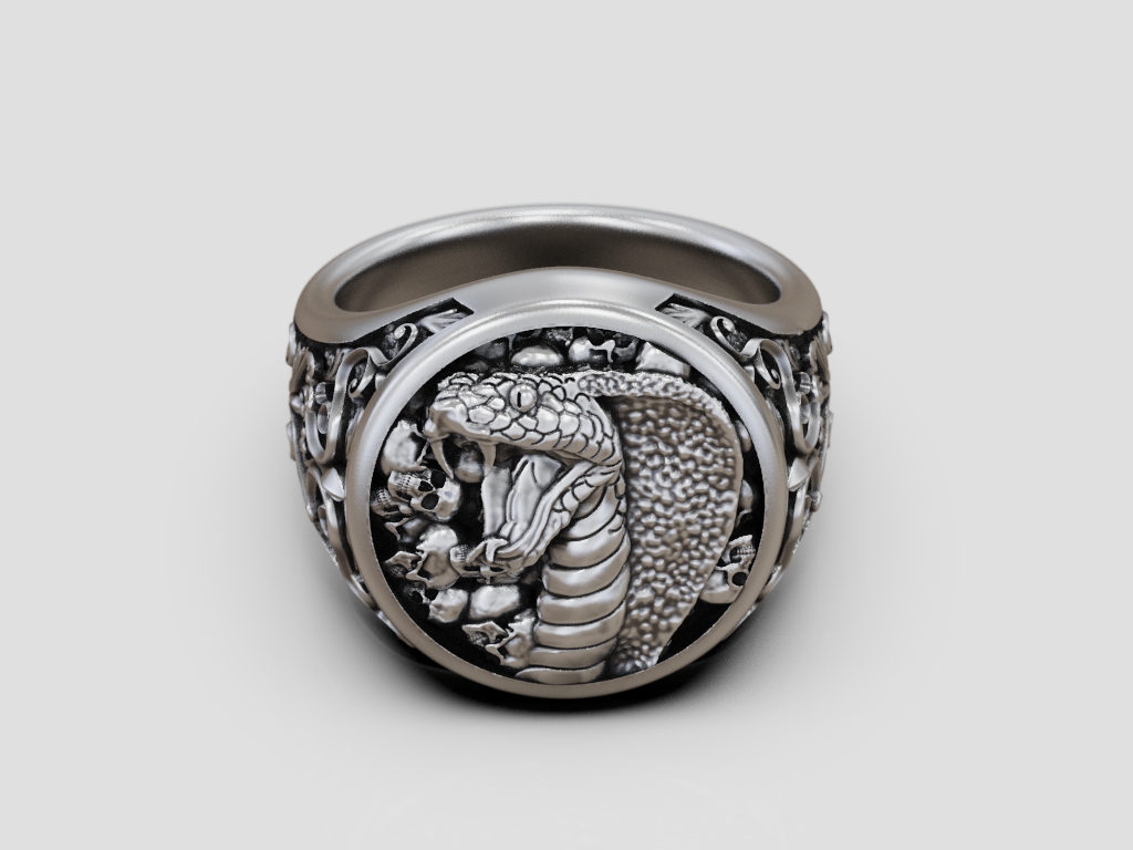 Gothic Cobra and Skulls Signet Ring with Ornate Scrolls — view 8