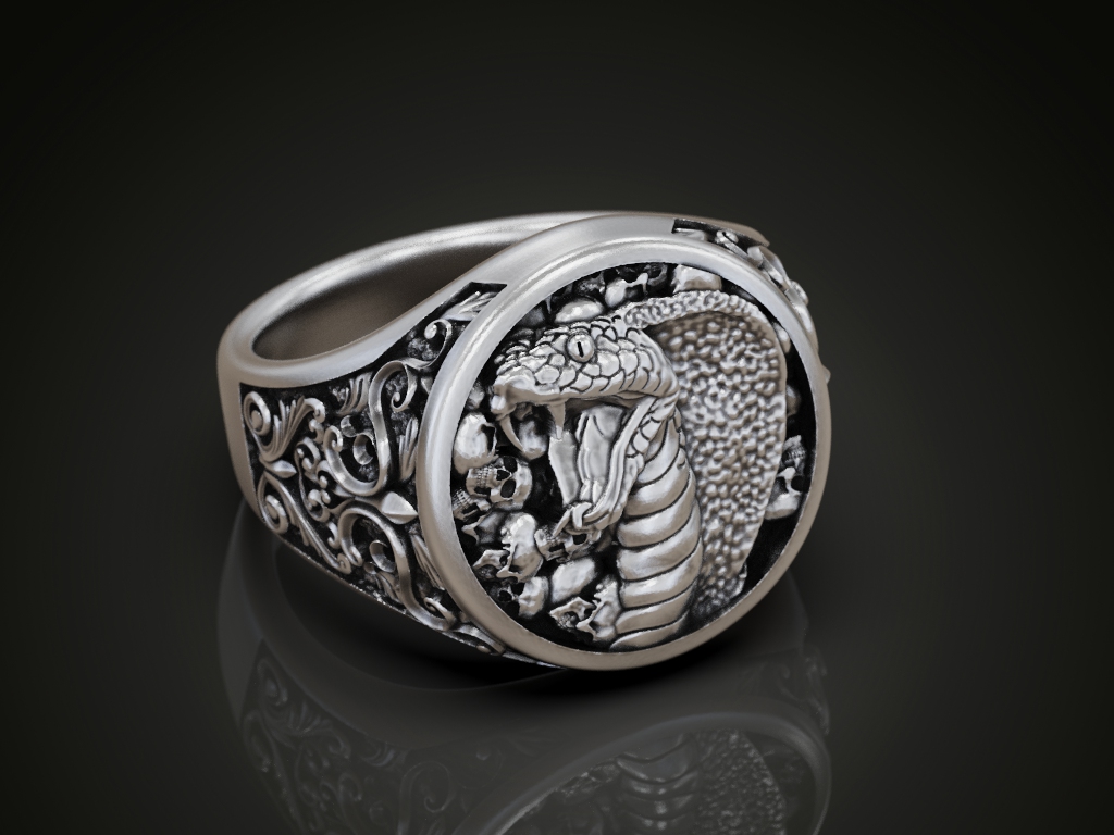 Gothic Cobra and Skulls Signet Ring with Ornate Scrolls