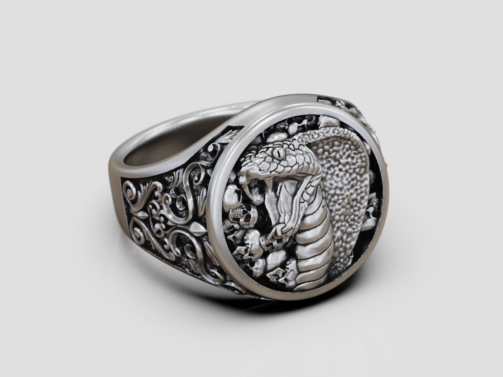 Gothic Cobra and Skulls Signet Ring with Ornate Scrolls — view 6