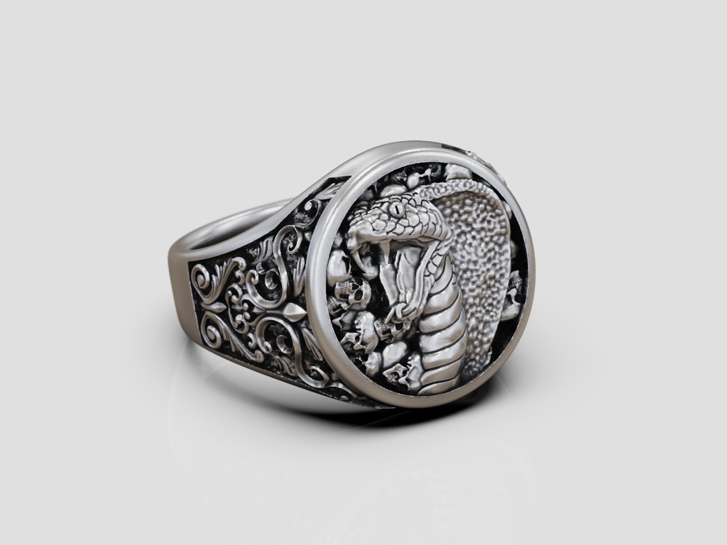 Gothic Cobra and Skulls Signet Ring with Ornate Scrolls — view 7
