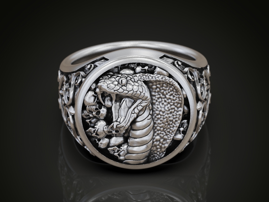 Gothic Cobra and Skulls Signet Ring with Ornate Scrolls — view 2